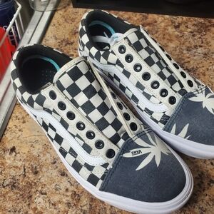 Vans Black and White Checkered Slip-Ons with Palm Design